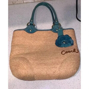 Teal accent straw coach‎ purse BH